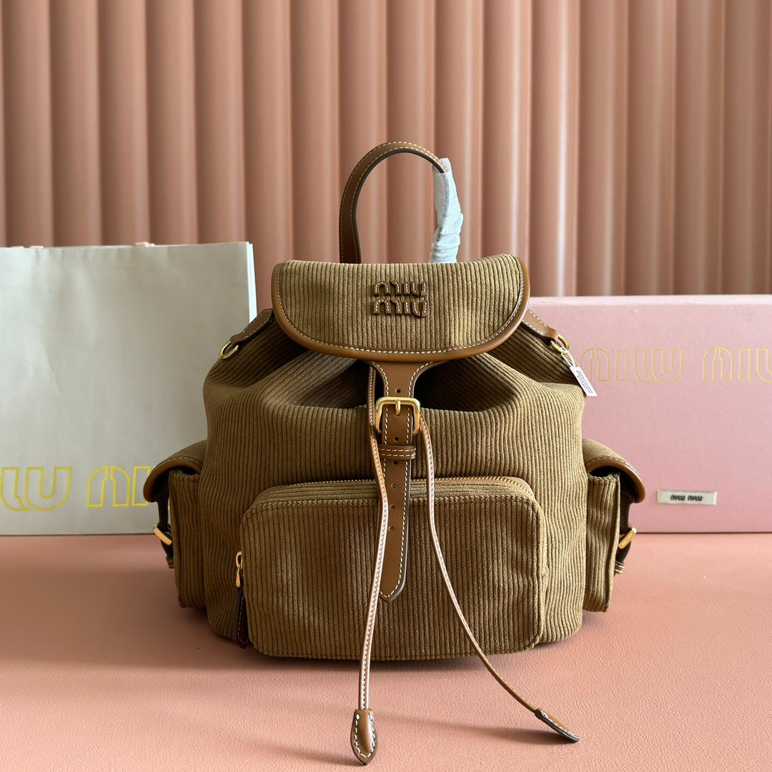 Miu Corduroy Backpack Brown Suede 273210