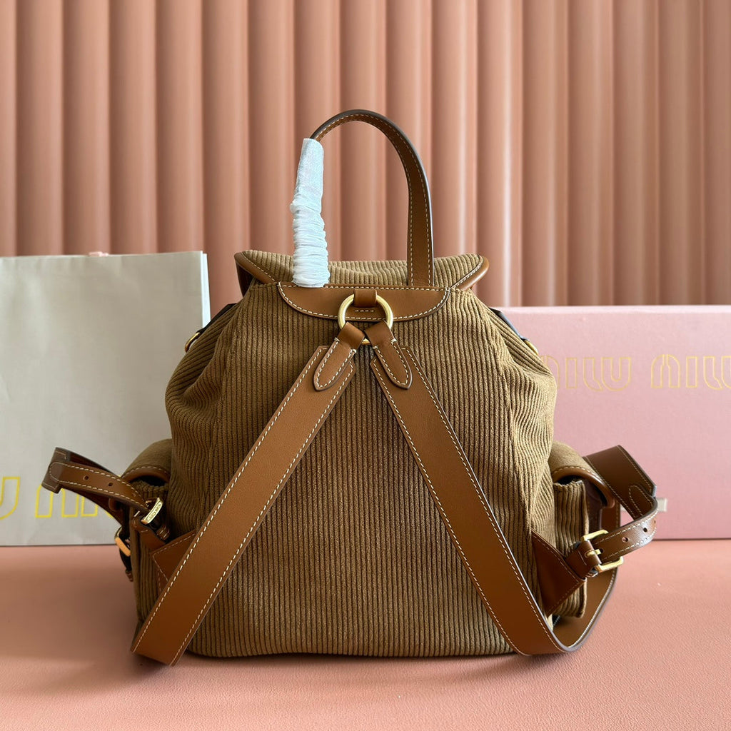 Miu Corduroy Backpack Brown Suede 273210