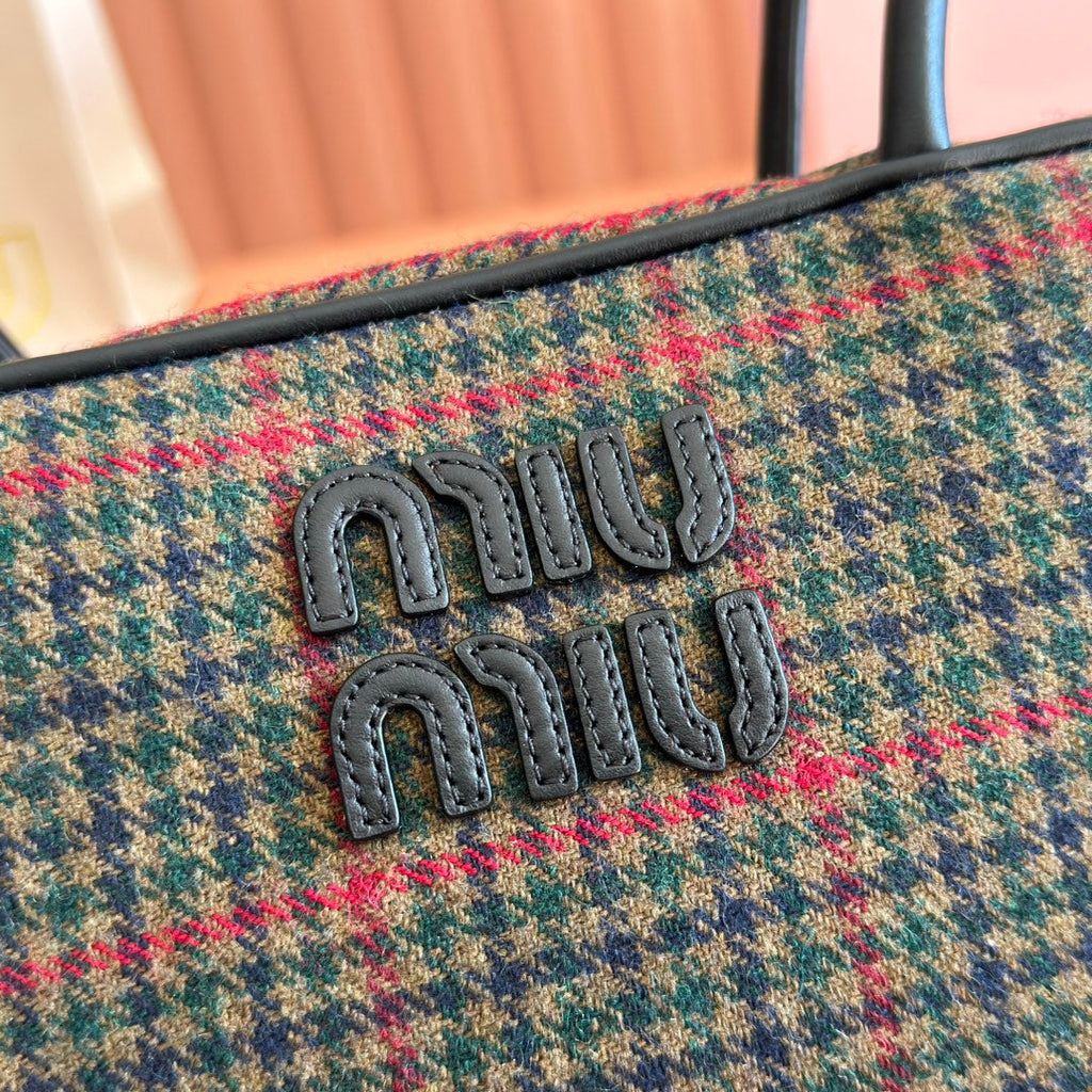 Miu Beau Tartan Top-Handle Bag 28cm Black with Multicolor Wool Leather
