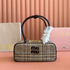 Miu Beau Tartan Top-Handle Bag 28cm Chocolate with Multicolor Wool Leather