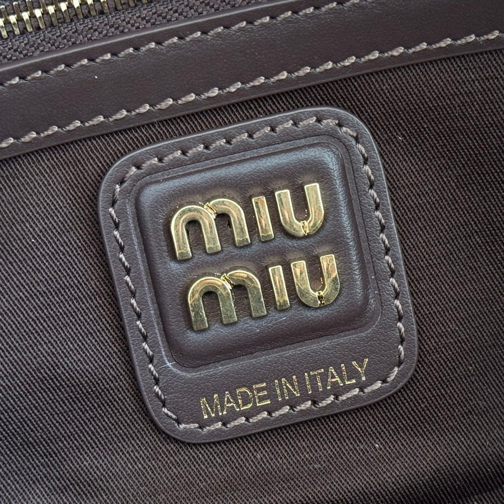 Miu Beau Tartan Top-Handle Bag 28cm Chocolate with Multicolor Wool Leather