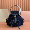 Miu Small Corduroy Backpack Navy Blue Leather-Trim
