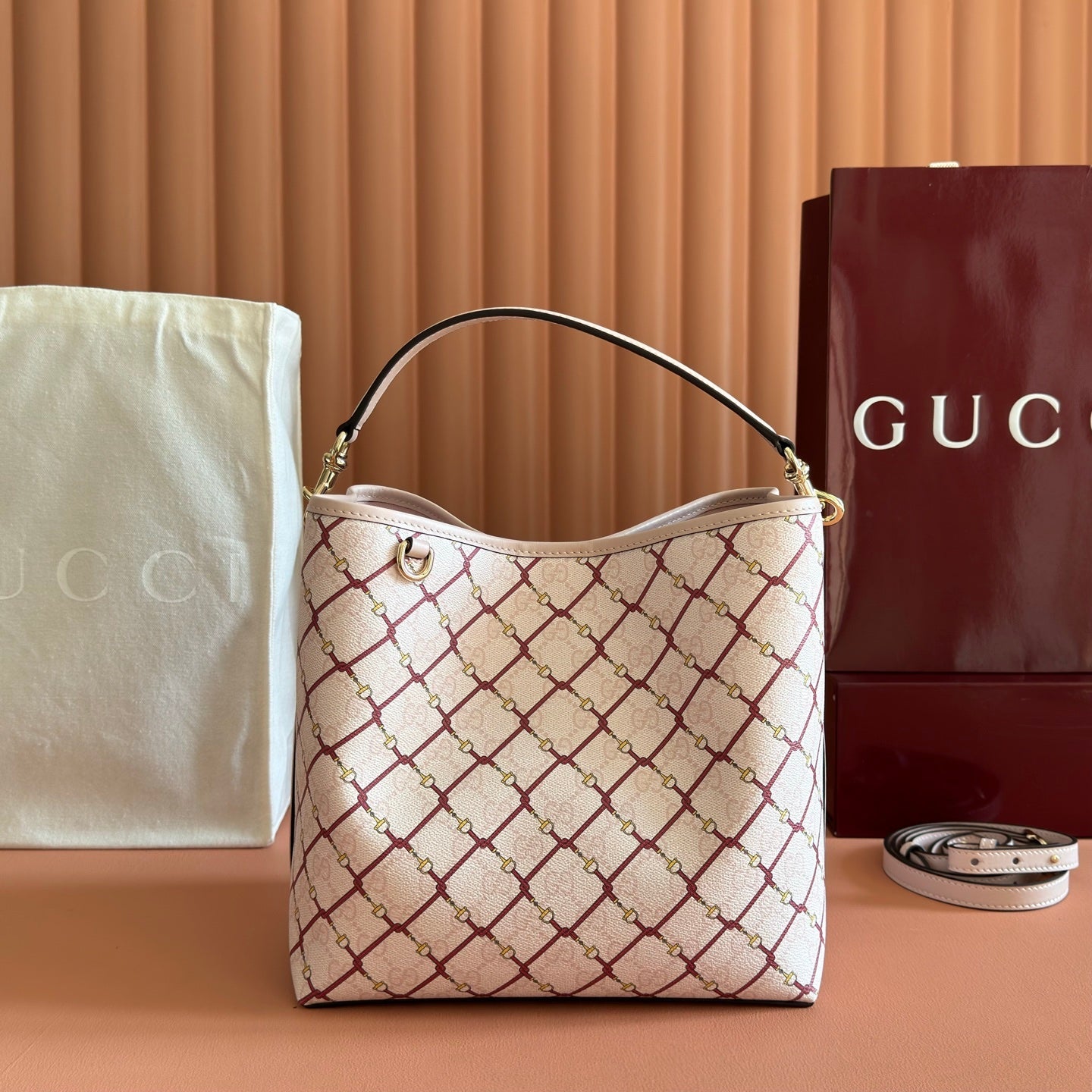 GG Emblem Bucket Bag 25cm Pink Red GG Fabric