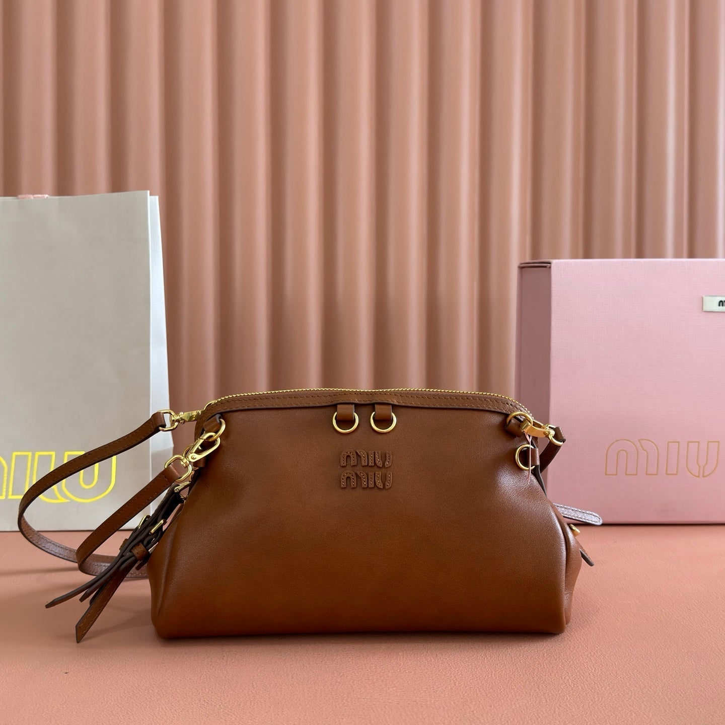 Miu Caprice Clutch Camel Leather 280752