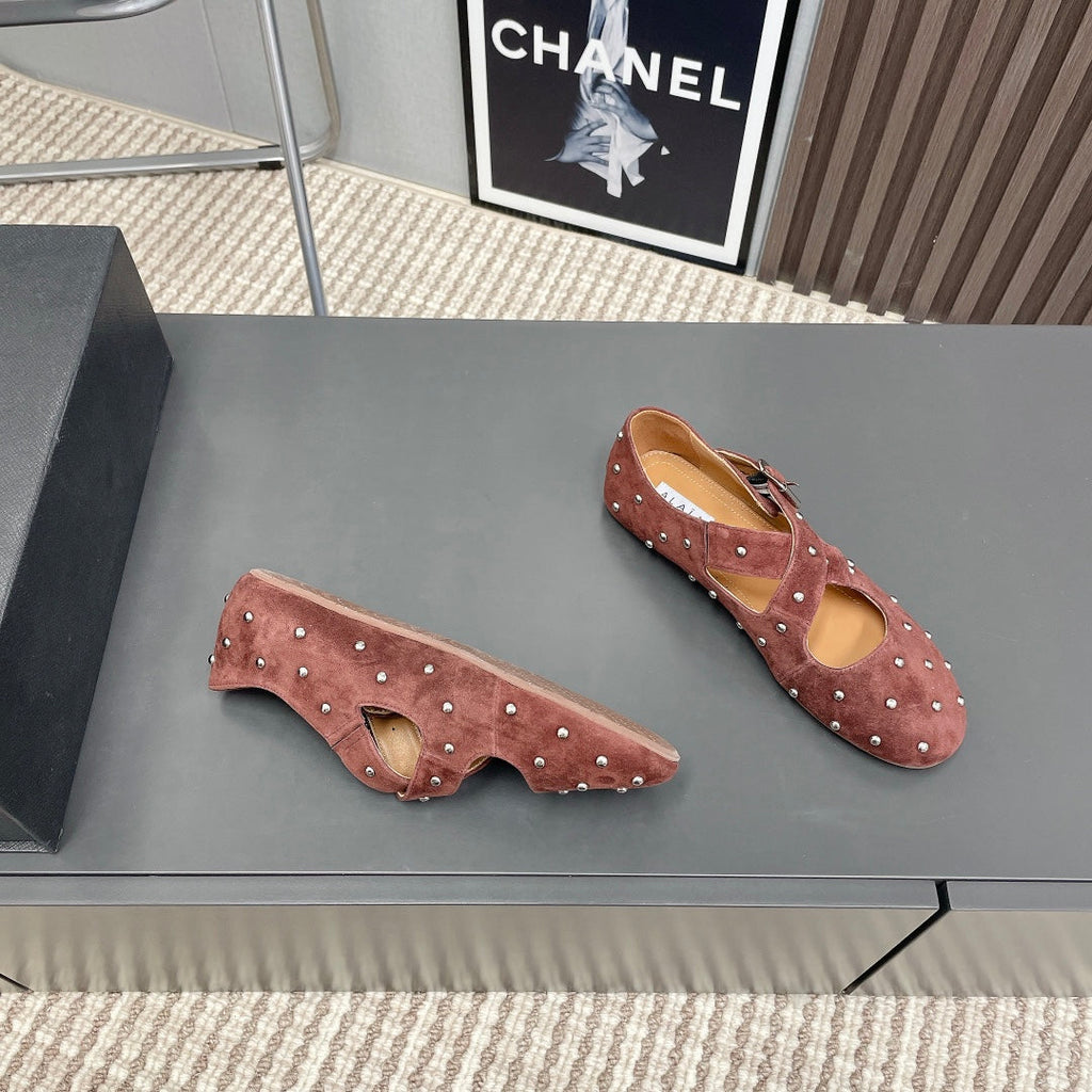 Alaia 2025 Criss Cross With Stud Ballet Flats Brown Suede 293213