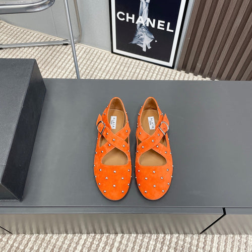 Alaia 2025 Criss Cross With Stud Ballet Flats Orange Suede 293215