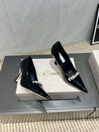 Jimmy Choo Belinda 85mm Heels Black Patent Leather Crystal Studded Heels 540679