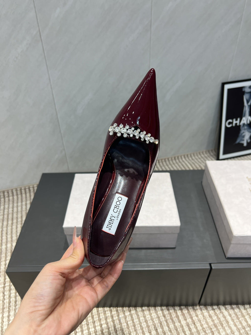 Jimmy Choo Belinda 85mm Heels Burgundy Patent Leather Crystal Studded Heels 540681