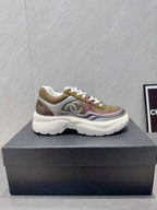 Chanel 25 Sneaker White Brown Silver Mesh Leather 540314