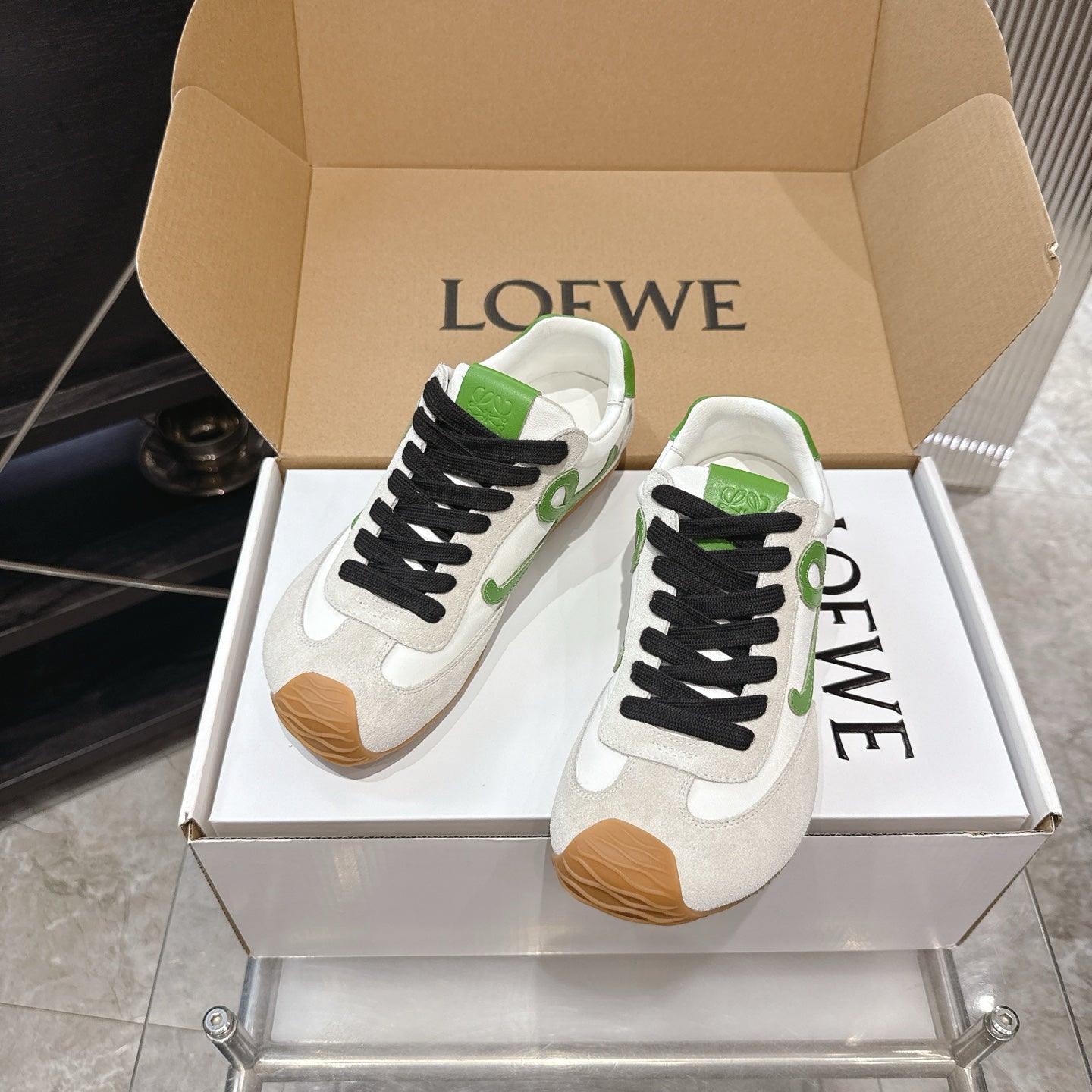 LOEW 26s Ballet Runner 2.0 Light Grey Green Suede Sheepskin 683936