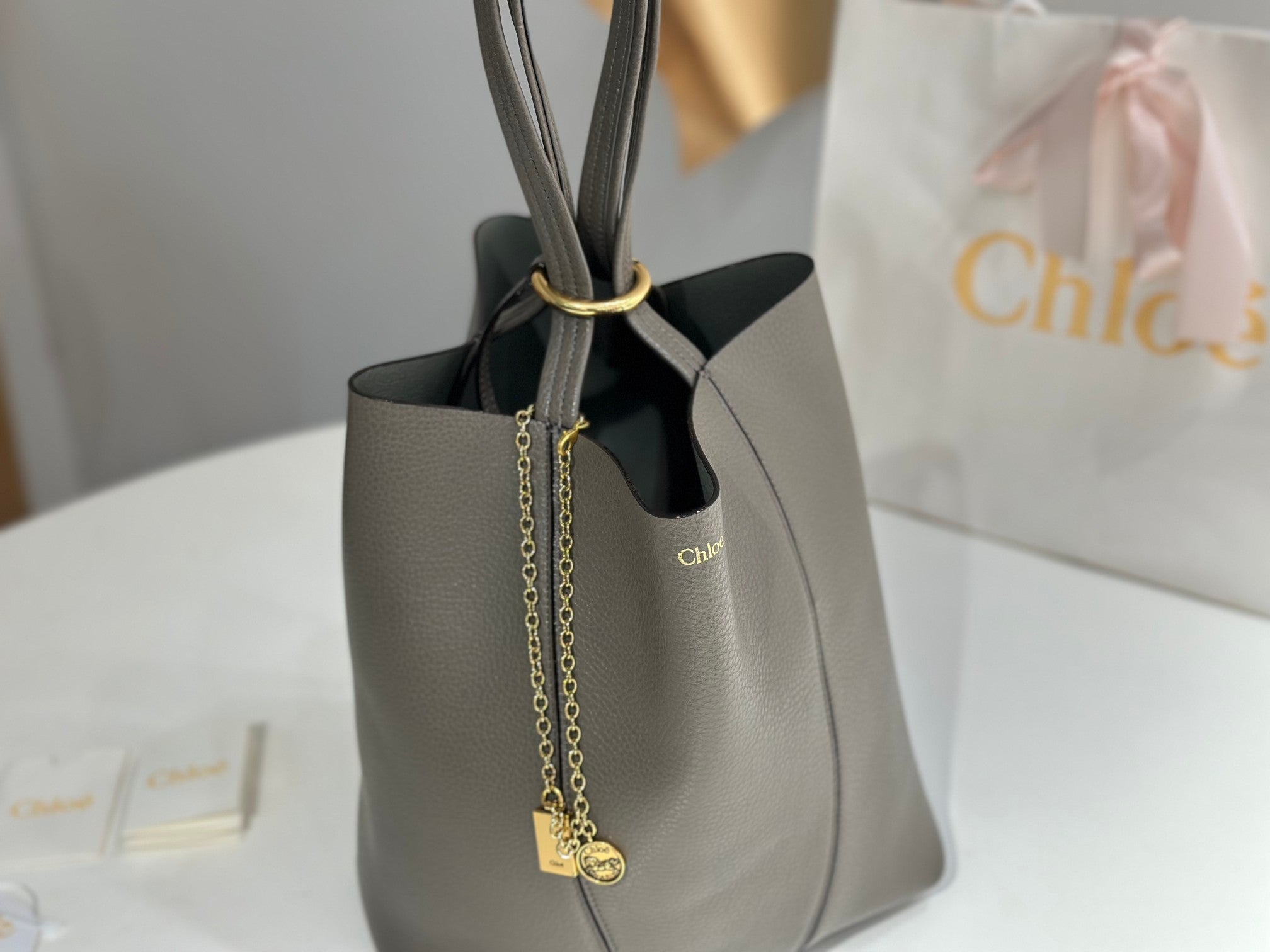 Chloe Spin Taupe Gray Calfskin