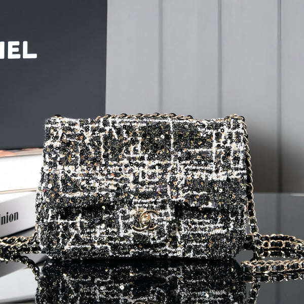24S Flap Bag 20cm Black White Sequin Calfskin