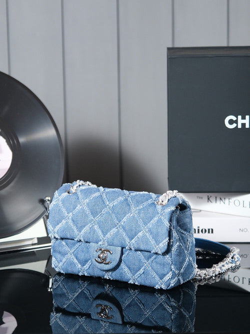 24S Flap Bag 20cm Blue Quilted Denim