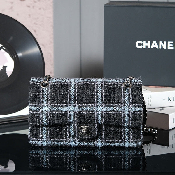 24K Flap Bag 25.5cm Blue Black Stripe Tweed