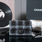 24K Flap Bag 20cm Blue Black Stripe Tweed