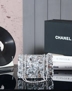 25C Flap Bag 21cm Dense Silver Sequin White Calfskin