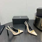 GOLD CHAIN ATTACHED HIGH SLINGBACK IN CREAM GLOSSY CALFSKIN