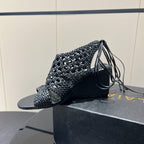Alaia 25 Round-toe Braided Wedge Sandals 75mm Black Woven Leather 433565