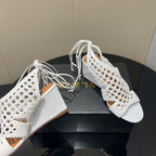 Alaia 25 Round-toe Braided Wedge Sandals 75mm White Woven Leather 433566