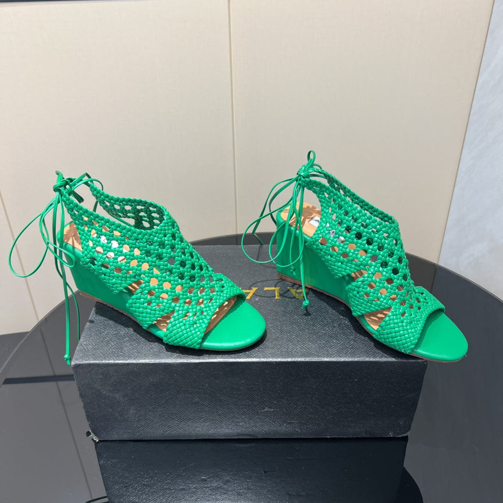 Alaia 25 Round-toe Braided Wedge Sandals 75mm Green Woven Leather 433567