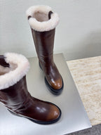 MiuMiu 25 platform boots brown calfskin wool 522430