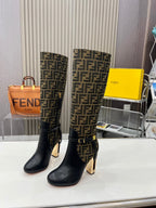 FENDI knee boots high heel monogram black cowhide 521216