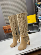 FENDI knee boots high heel monogram beige cowhide 521220