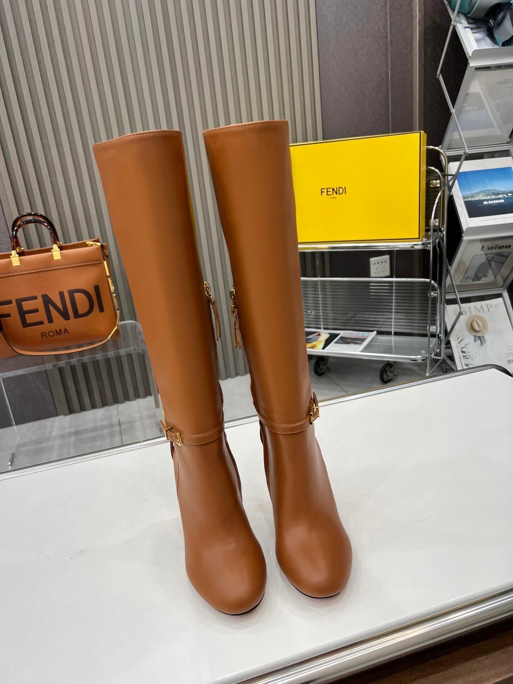 FENDI knee boots high heel caramel brown cowhide 521208