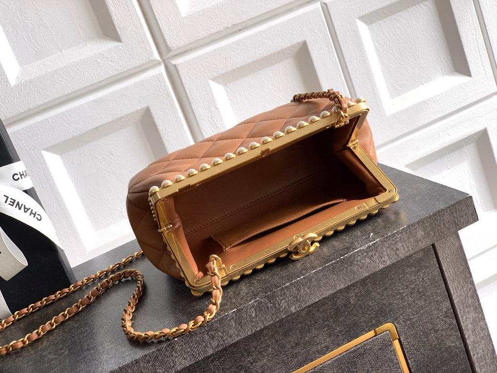 Chanel 2026 Pearl Clutch Brown Gold Lambskin 321879