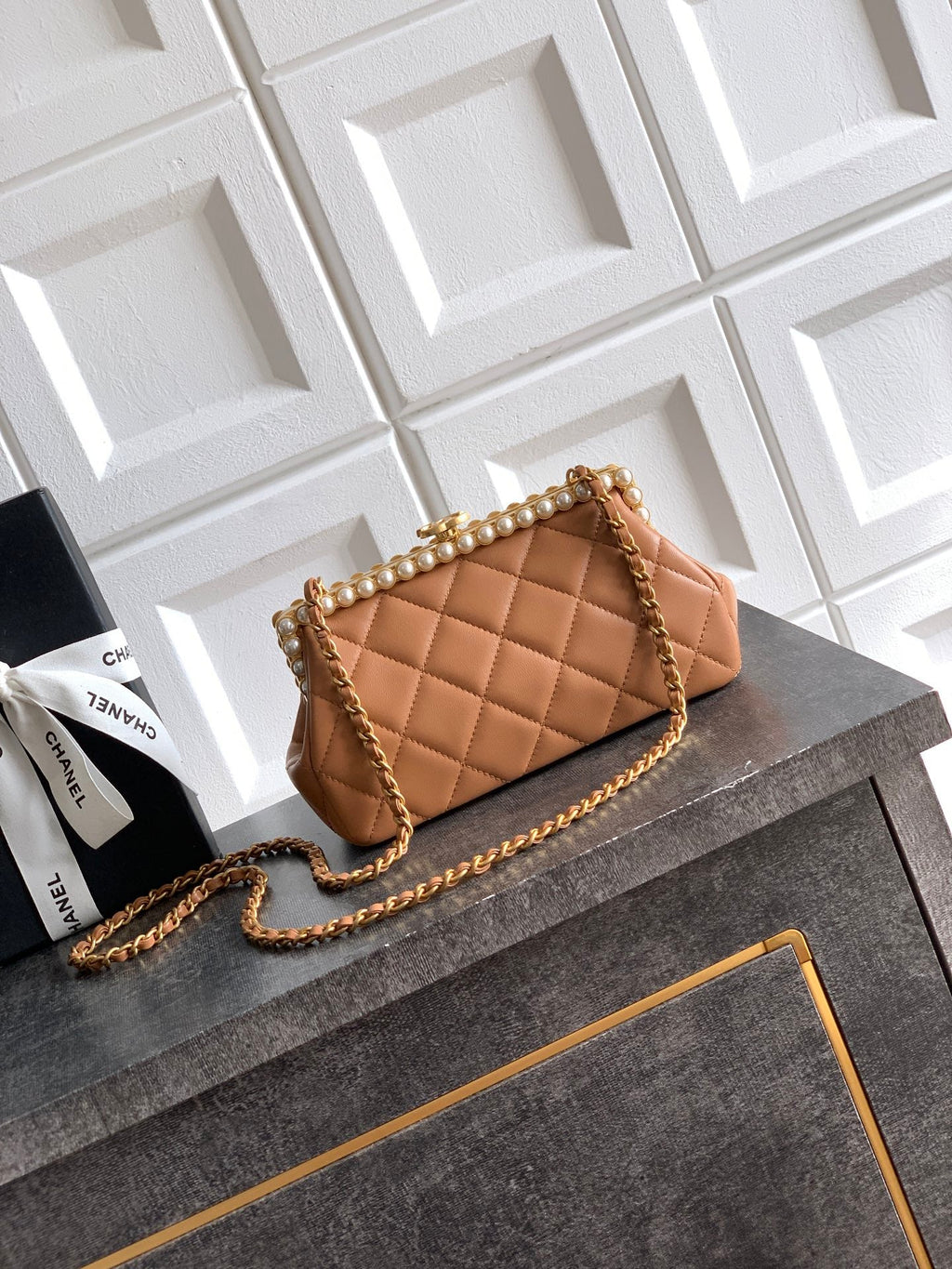 Chanel 2026 Pearl Clutch Brown Gold Lambskin 321879