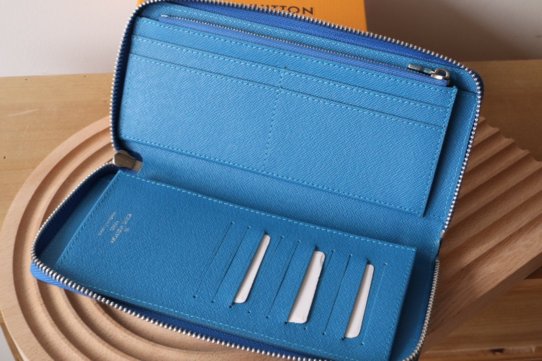LV Zippy Vertical Wallet Blue Monogram Canvas & Taïga Leather 180068