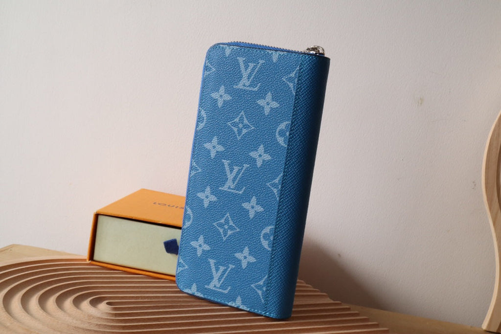 LV Zippy Vertical Wallet Blue Monogram Canvas & Taïga Leather 180068
