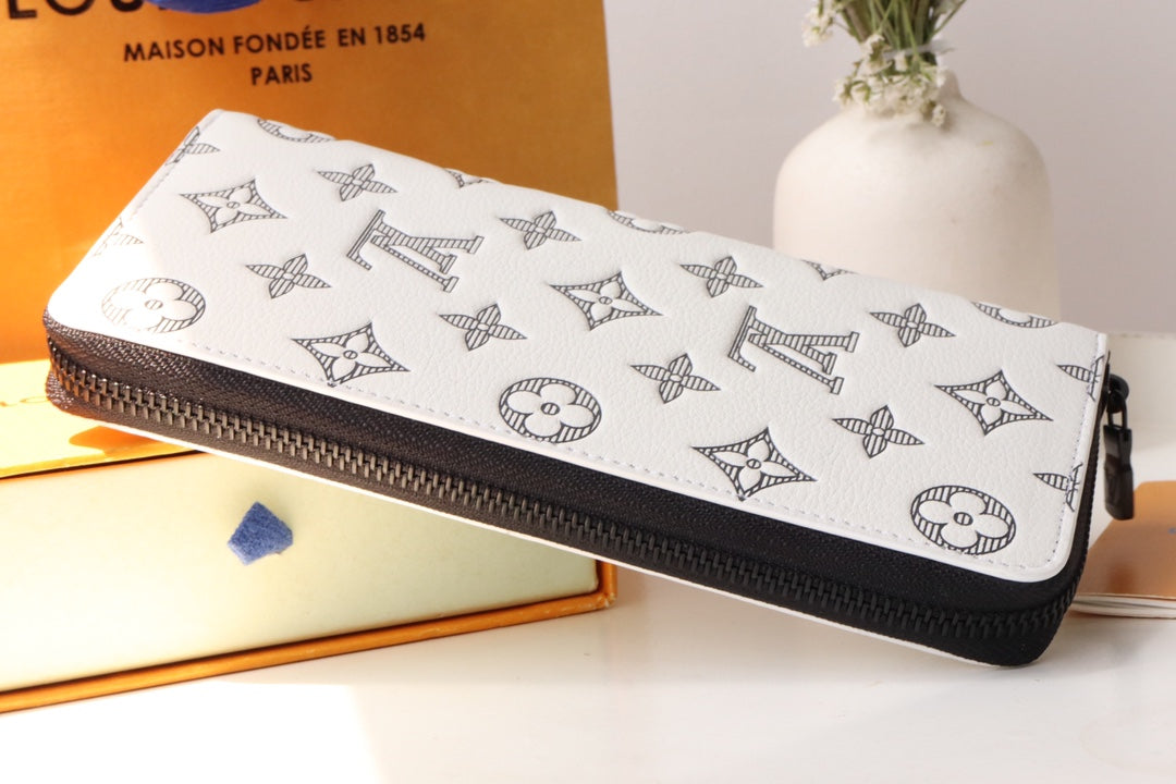 LV Zipper Wallet White Black Monogram Cowhide 248061