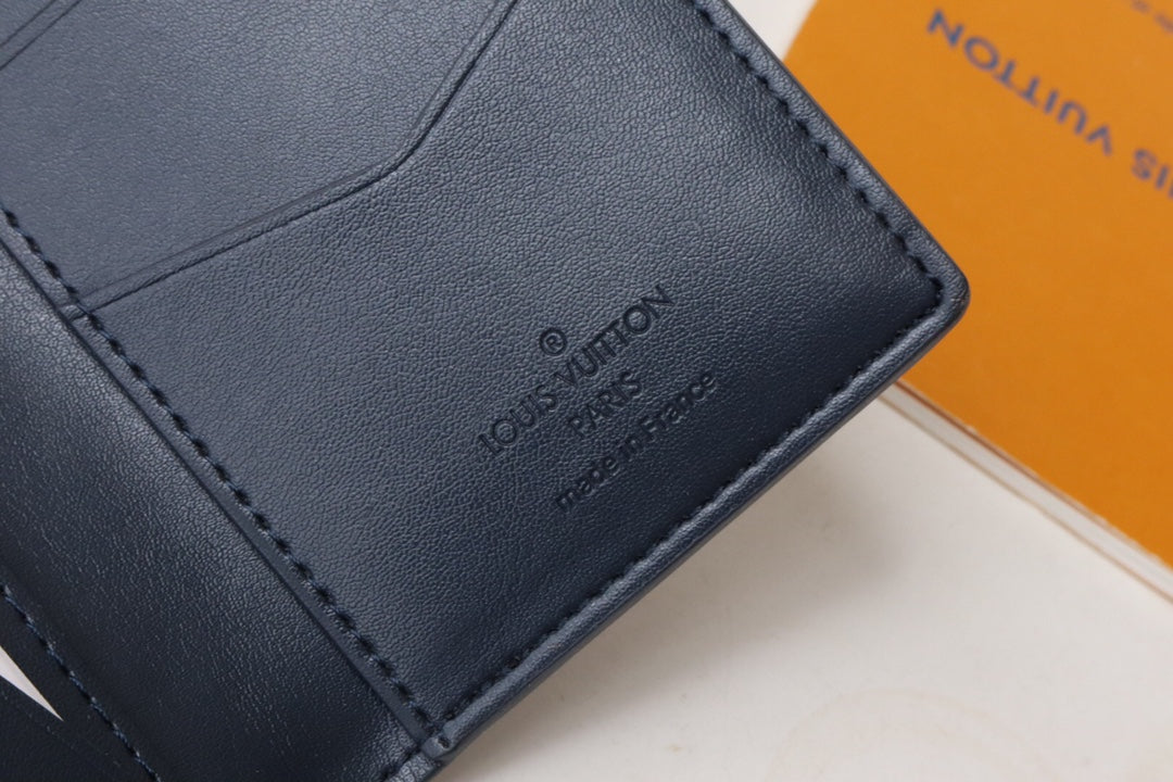LV Pocket Organizer Wallet Grey Navy Blue Monogram Cowhide 248064