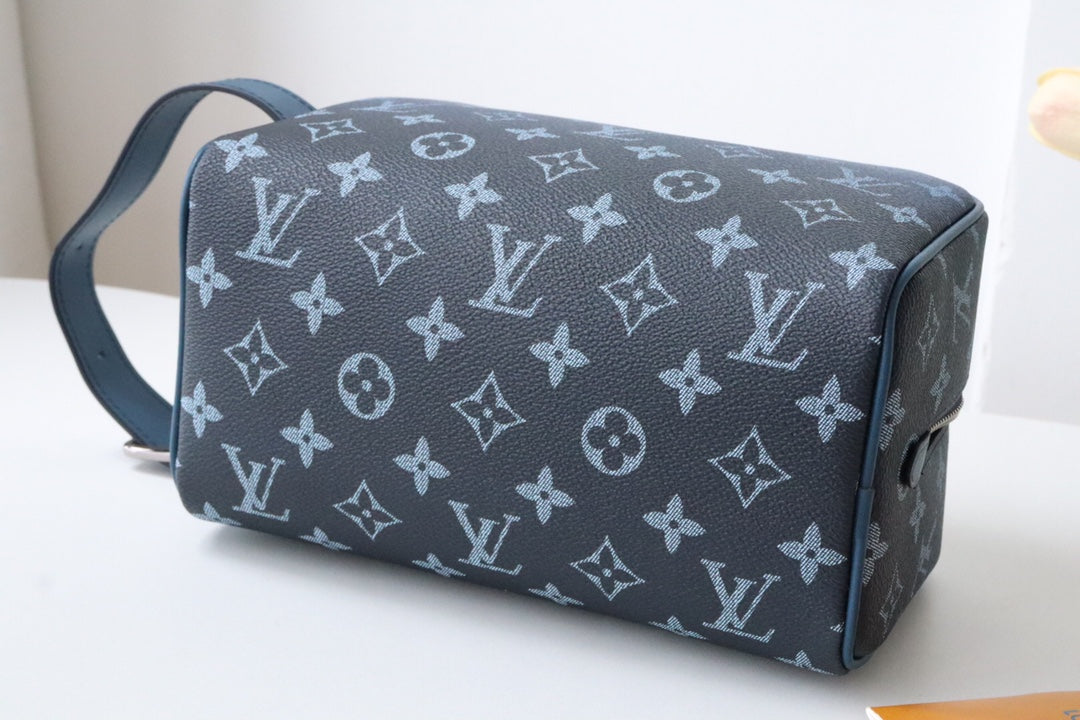 LV Locker Dopp Kit Khaki Blue Monogram Canvas 224139
