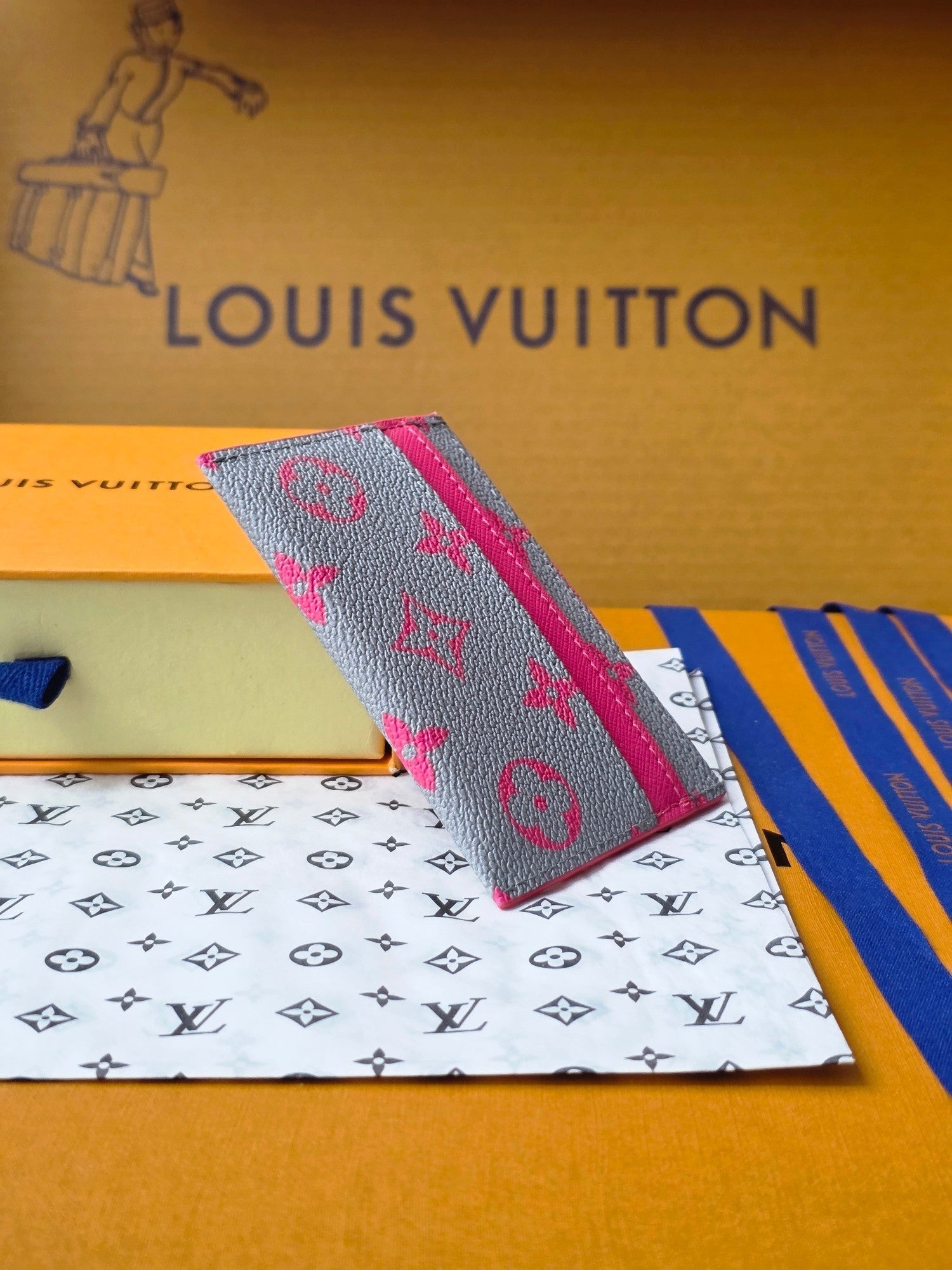 LV M14771 Double Card Holder Pink Gray Monogram Glow Canvas & Cowhide