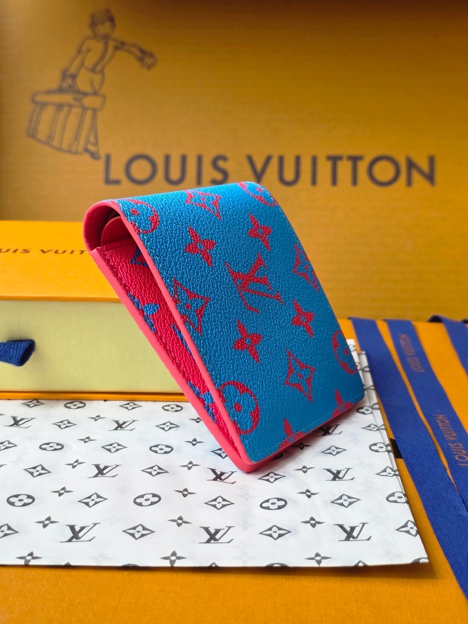 LV M14694 Multiple Wallet Blue Red Monogram Glow Canvas & Cowhide