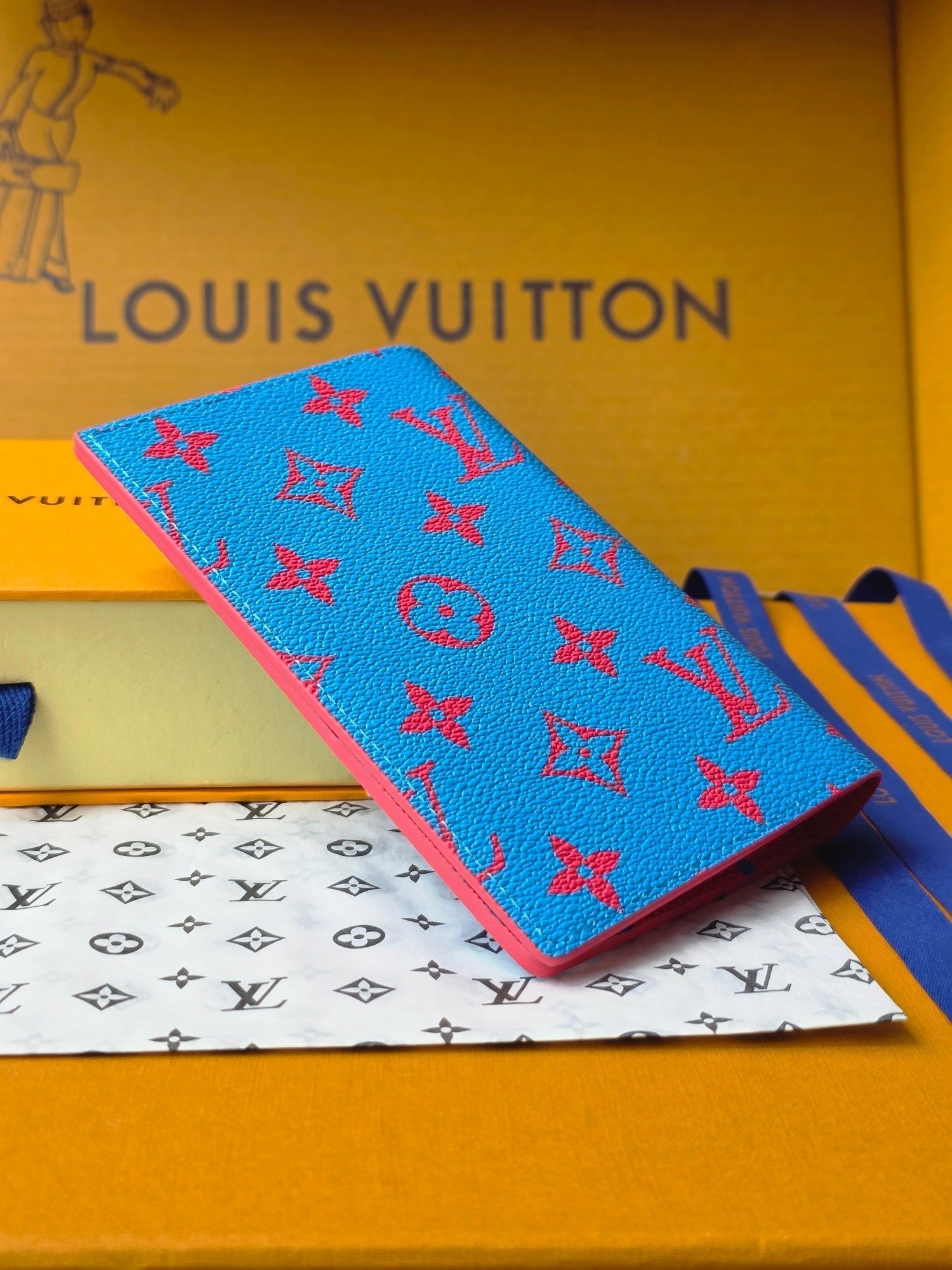 LV M14770 Passport Cover Blue Red Monogram Glow Canvas & Cowhide