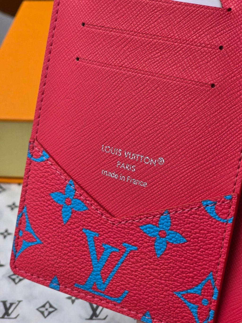 LV M14770 Passport Cover Blue Red Monogram Glow Canvas & Cowhide