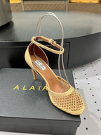 Alaila High Fishnet Pumps 90mm In Light Yellow Mesh Fabric 954852