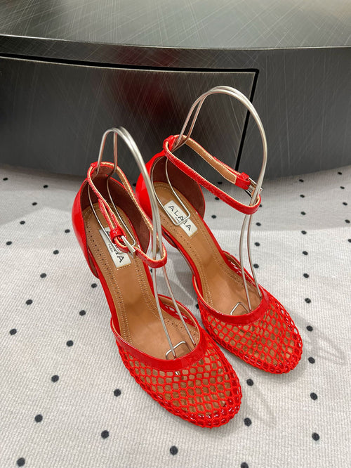 Alaila High Fishnet Pumps 90mm In Red Mesh Fabric  954854