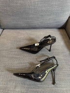 HIGH SANDAL ATTACHED GEM IN BLACK GLOSSY CALFSKIN