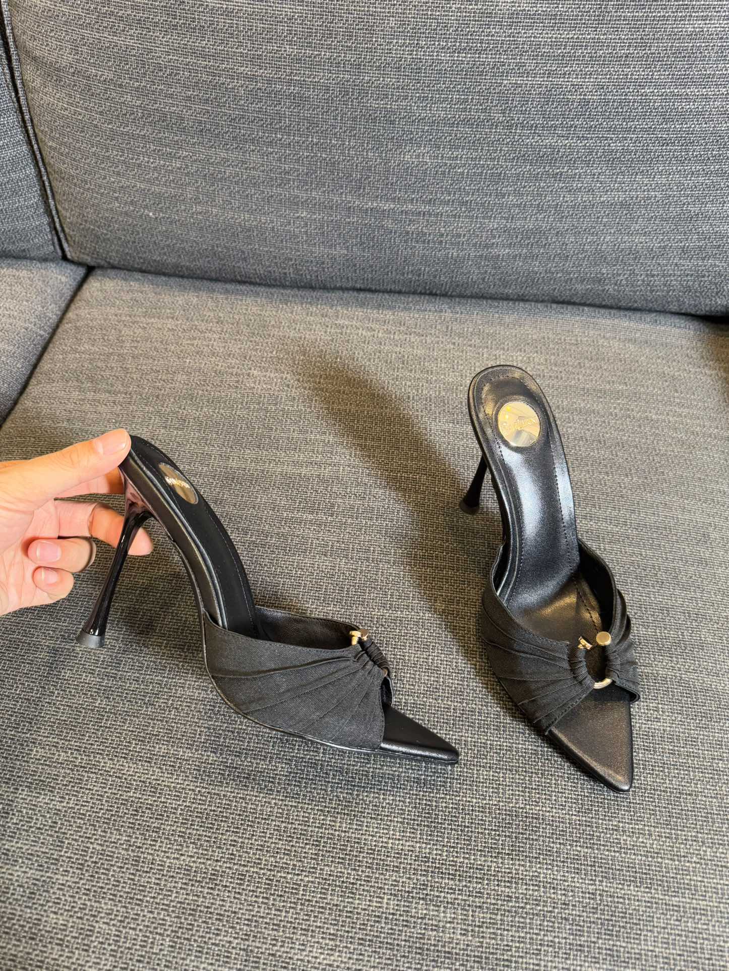 LOLA HIGH MULES IN BLACK SMOOTH LAMBSKIN AND DRAPED JERSEY