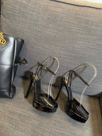 LA SCANDALE PLATFORM SANDALS IN BLACK GLOSSY CALFSKIN