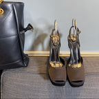 LA SCANDALE PLATFORM SANDALS IN TAUPE BROWN SATIN