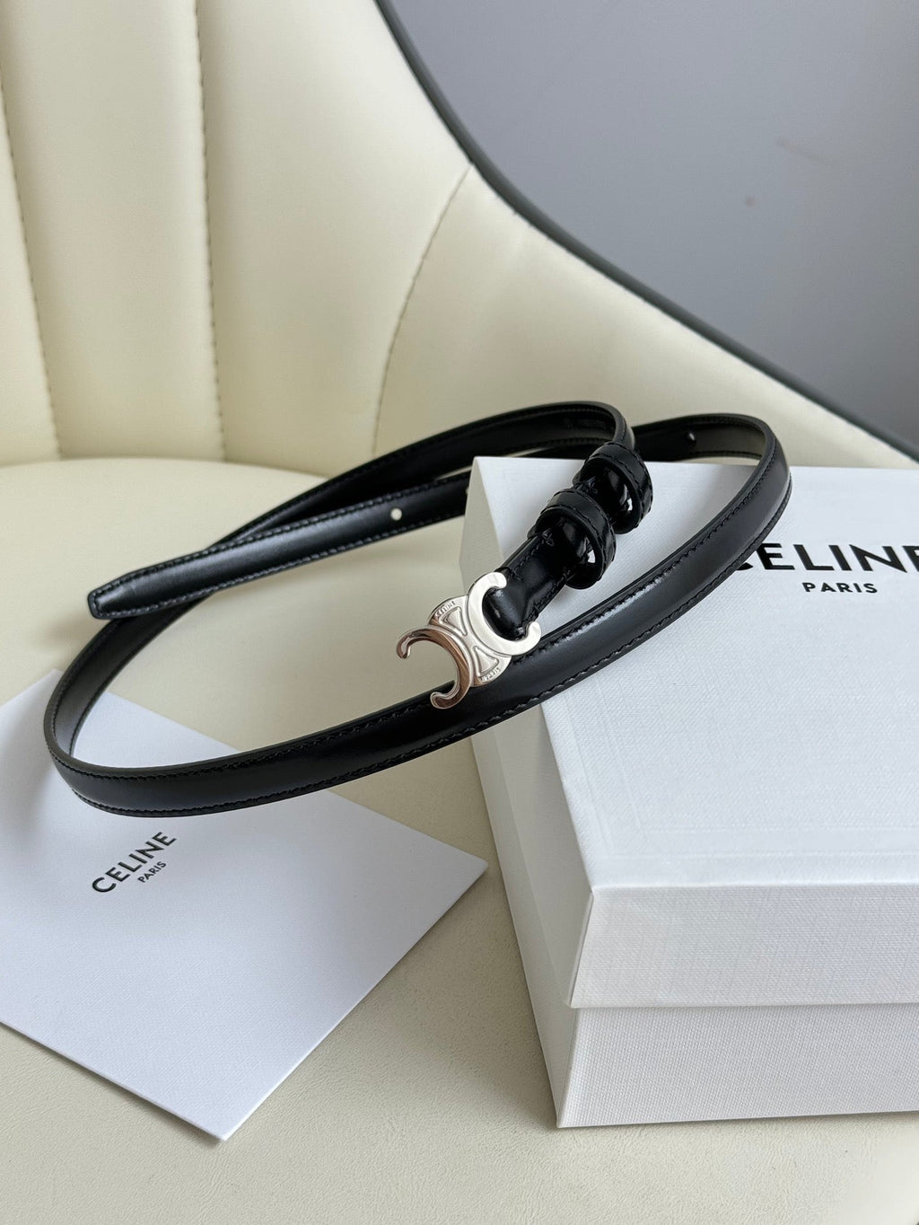 MINI TRIOMPHE BELT 13 MM BLACK LEATHER SILVER HARDWARE