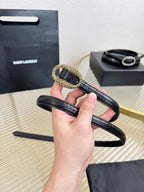 YSL 1.5 Gold Oval Buckle Belt Black Embossed Leather 200477