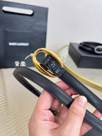 YSL 1.5 Gold Oval Buckle Belt Black Embossed Leather 200477