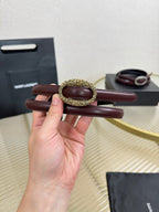 YSL 1.5 Gold Oval Buckle Belt Burgundy Leather