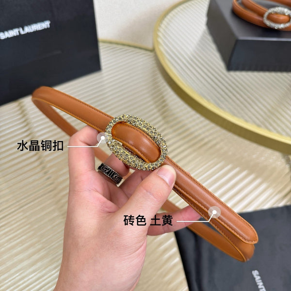 YSL 1.5 Gold Oval Buckle Belt Brown Leather 200481